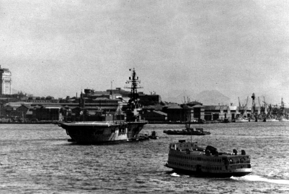 Brazilian aircraft carrier NAeL Minas Gerais (A11) at anchor off Rio de Janeiro, Brazil, in 1968