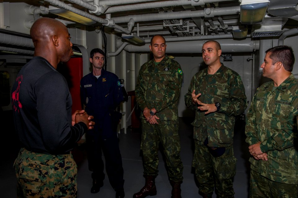 Brazilian naval officers and marines aboard USS America 140802-N-MD297-028