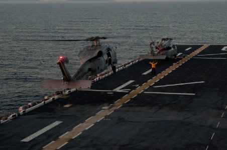 Brazilian helicopters conduct deck landing qualifications aboard PCU America 140804-N-LQ799-081