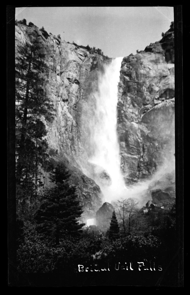 Bridal Veil Falls, showing trees and moss beside mountainside, Yosemite National Park, (s.d.) (CHS-49631)