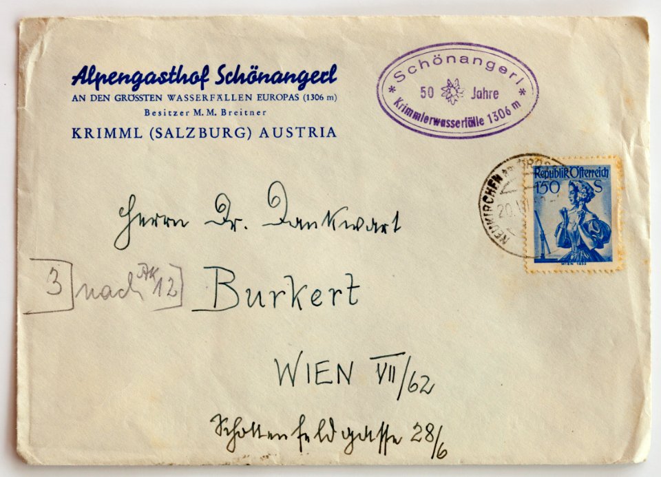 Briefumschlag Österreich Krimml Krimmlerwasserfälle Schönangerl