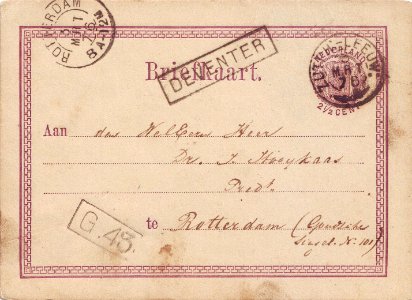 Briefkaart Deventer-Rotterdam 1876