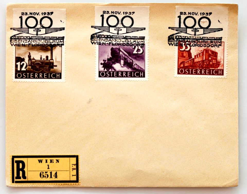 Briefmarke Österreich 12 25 und 35 Eisenbahnjubiläum Wien-Florisdorf 23 Nov 1937