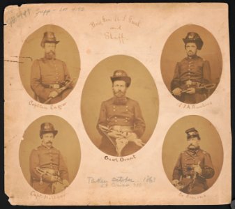Brig. Gen. U.S. Grant and staff Captain Lagow, Gen'l. Grant, J.A. Rawlins, Capt. Hillyer, Dr. Simons LOC ppmsca.55864