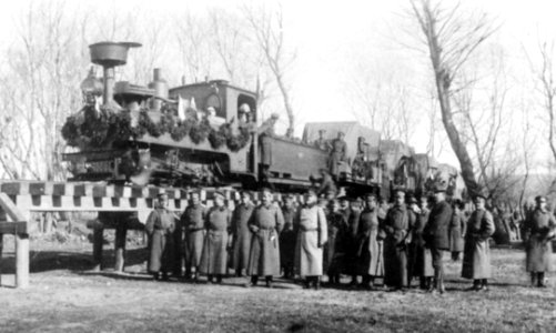 Brigade locomotive type D (0-4-0) with tender attached, serving the Bulgarian army during World War I