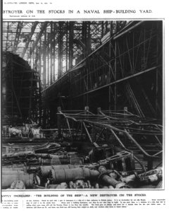Britain's ever-growing Navy- a huge destroyer on the stocks in a naval ship-building yard LCCN2004668150
