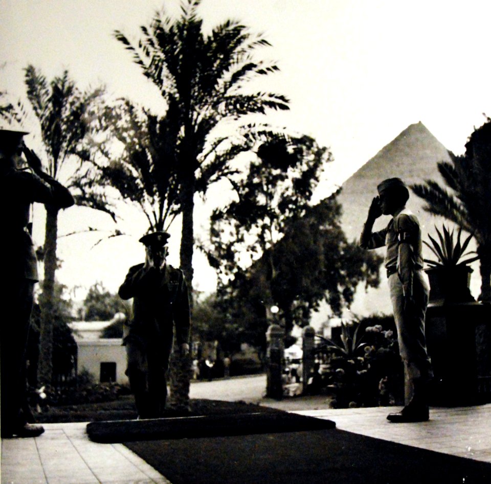 British and American MPs salute Admiral Ernest J. King, USN, entrance to Mena House, Cairo, Egypt, 1943 (23774594283)