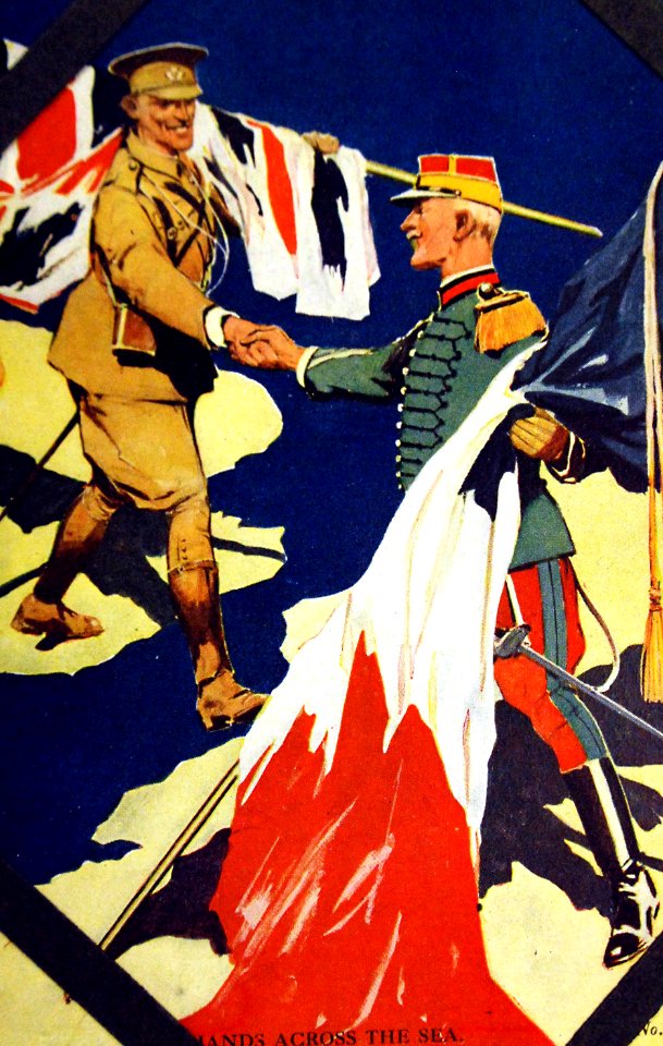 British and French servicemen shaking hands, Hands Across the Sea, postcard, WWI (28397773451)