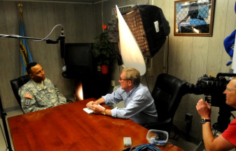 British Broadcasting Corporation reporter Peter Taylor interviews Joint Task Force Guantanamo (JTF) Joint Detention Group Commander Col. Donnie L. Thomas inside Camp Delta detention facility, Jan 6. DVIDS357101 photo