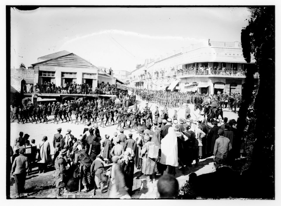 British troops in Jerusalem, possibly bringing the regimental flag of the Royal Fusiliers, 1918 LOC matpc.08072