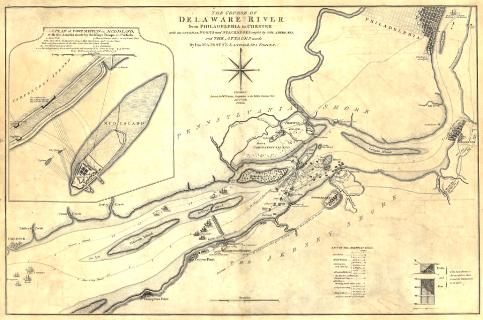 British Revolutionary War map of the Delaware River at Fort Mercer