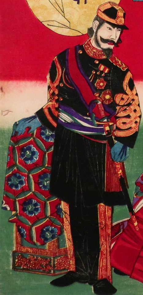 Emperor Meiji in art detail, from- Japanese Ministers of the Meiji Period by Hashimoto Chikanobu (cropped)