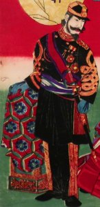 Emperor Meiji in art detail, from- Japanese Ministers of the Meiji Period by Hashimoto Chikanobu (cropped)