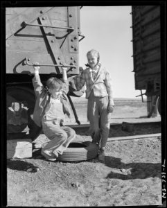 Child of miner swinging on box car home of company housing project. Union Pacific Coal Company, Reliance Mine... - NARA - 540577 photo