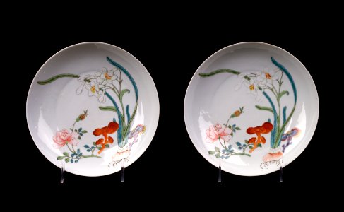 Chinese - Pair of Famille Rose Dishes with Narcissus, Rose, and Fungus - Walters 491236, 491244 - Group photo