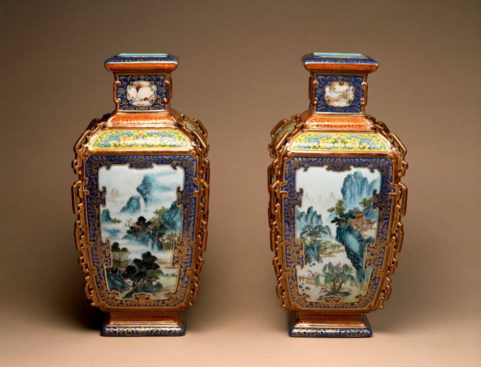 Chinese - Pair of Famille Rose Vases with Landscapes of the Four Seasons - Walters 492044, 492045 - Side A