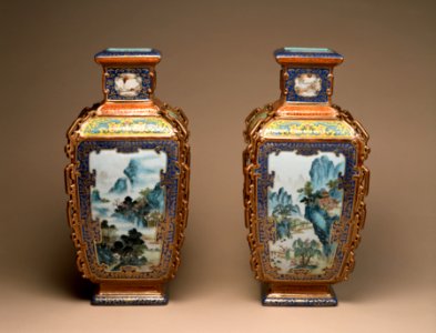 Chinese - Pair of Famille Rose Vases with Landscapes of the Four Seasons - Walters 492044, 492045 - Side A
