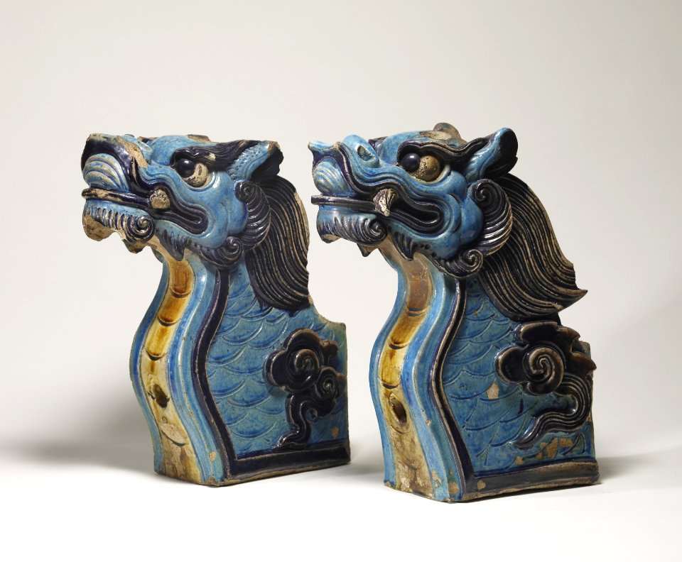 Chinese - Pair of Architectural Terminals - Walters 492378, 492379 - Three Quarter