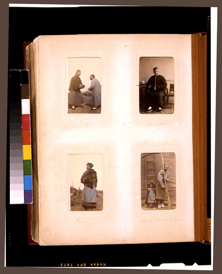 Chinese men greeting each other, a compradore (agent), a Tartar man, and an agricultural laborer with a scythe and a child LCCN2011660119
