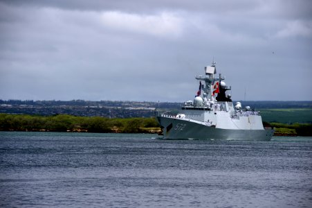 Chinese navy multirole ship Hengshui (FFG 572)departs Joint Base Pearl Harbor-Hickam following the conclusion of Rim of the Pacific 2016. 160805-N-AI605-102