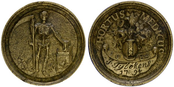 Chirurgijnsgilde t.n.v Johannes Tylekens, 1794 (chirurgijn 1794-1805) (toeganspenning Hortus Medicus), objectnr PA 1130