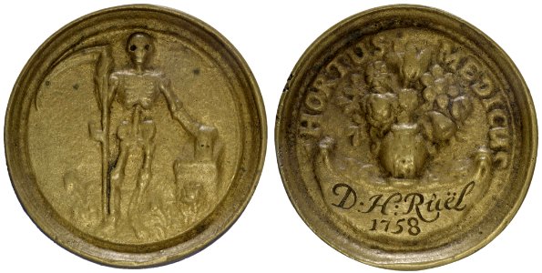 Chirurgijnsgilde t.n.v. Dirk Hendrik Ruël (1733-1801) (chirurgijn 1758-1801), 1758 (toegangspenning Hortus Medicus), objectnr PA 1129
