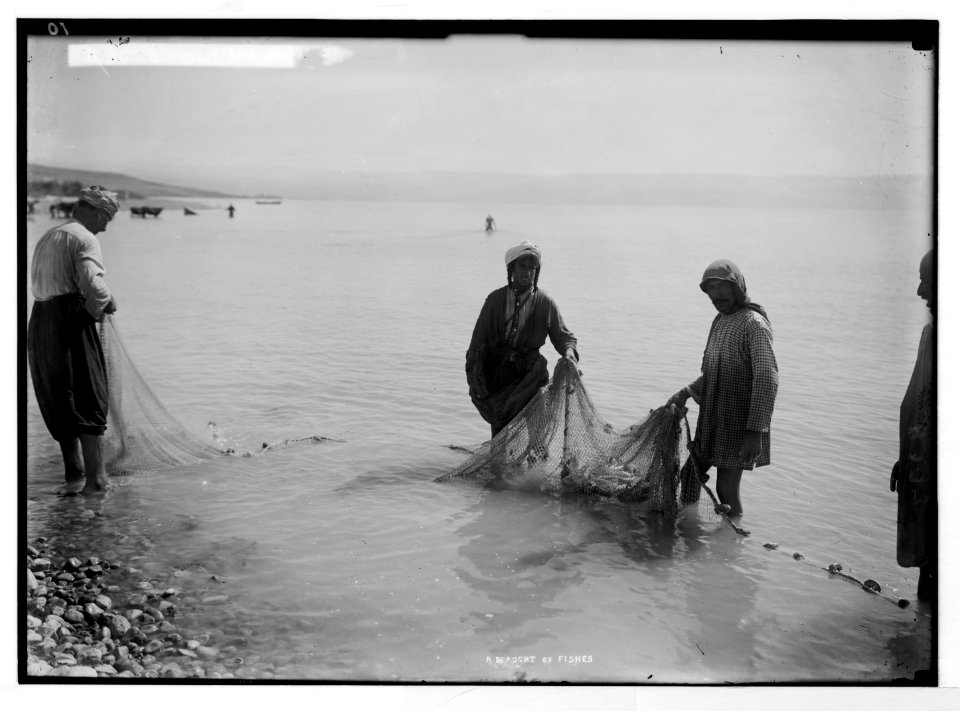 Choice set of thirteen slides, illustrating the Sea of Galilee and its fishermen still 'toiling with their nets.' A 'great multitude of fishes' LOC matpc.05689