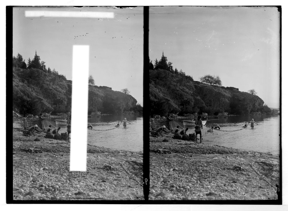Choice set of thirteen slides, illustrating the Sea of Galilee and its fishermen still 'toiling with their nets.' Drag-net almost drawn in LOC matpc.05688