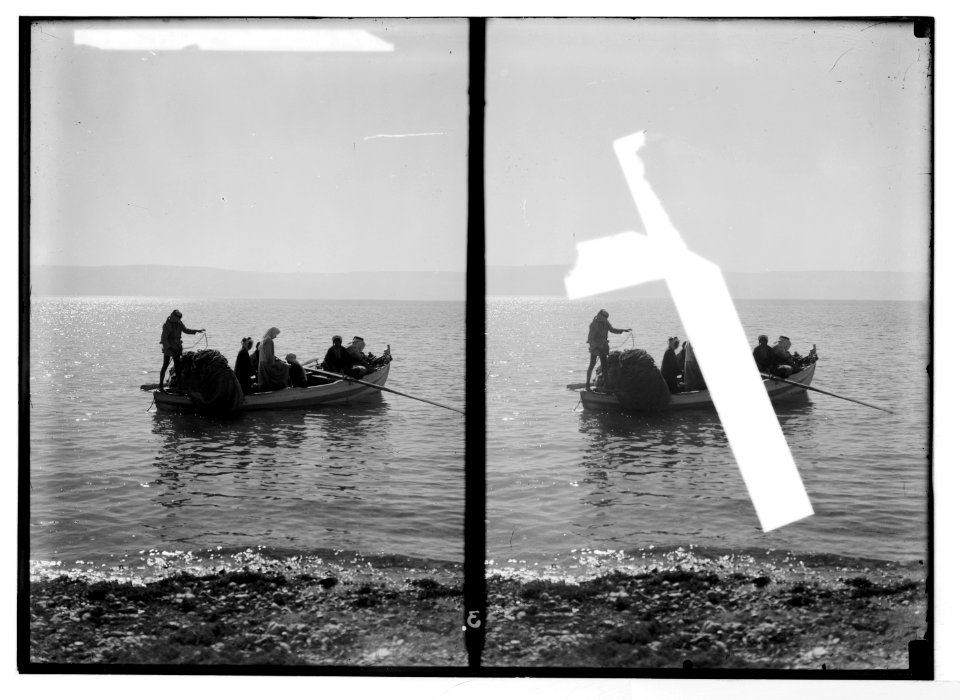 Choice set of thirteen slides, illustrating the Sea of Galilee and its fishermen still 'toiling with their nets.' Fishing 'boats setting forth' LOC matpc.05683