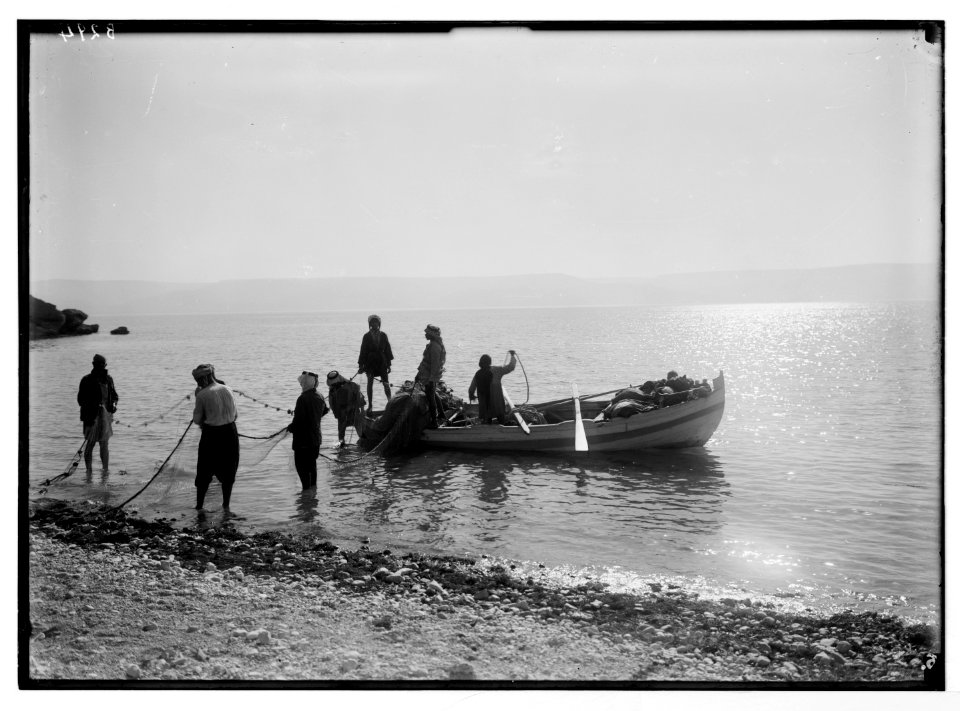 Choice set of thirteen slides, illustrating the Sea of Galilee and its fishermen still 'toiling with their nets.' Letting down 'nets for a draught' LOC matpc.05686