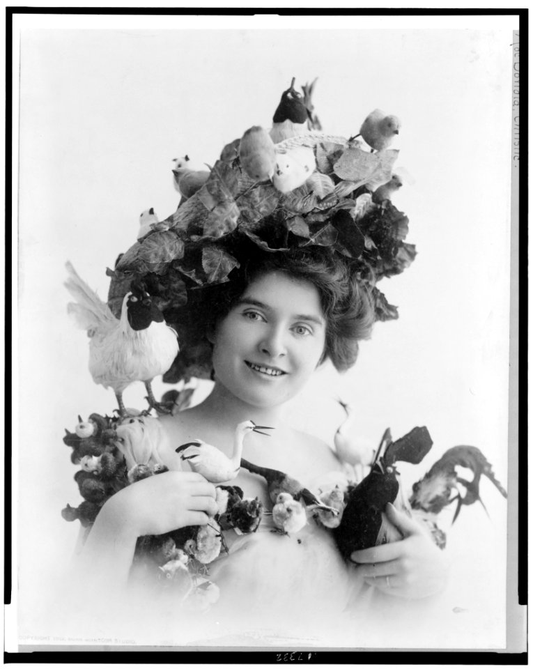Christie MacDonald, half-length portrait, facing front, wearing artificial birds on a hat and on the bodice of her dress LCCN96522077