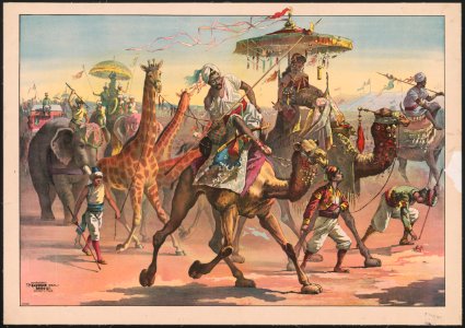 Circus troupe with people in exotic dress riding camels, giraffes, elephants LCCN2018647605