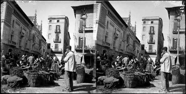 Cistells amb productes i gent al mercat de la plaça de Vic (AFCEC BORDAS D 2955)