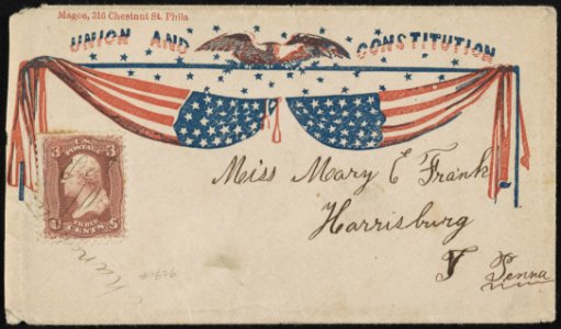 Civil War envelope showing American flags with eagle and stars above with message Union and Constitution LCCN2011660261