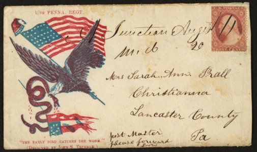 Civil War envelope showing an eagle carrying an American flag in its claw and a serpent in its beak with motto The early bird catches the worm below LCCN2010648443