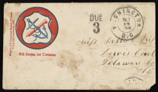 Civil War envelope showing Army of the Potomac, 9th Corps, 1st Division, badge with crossed anchor and cannon in a shield LCCN2011648680