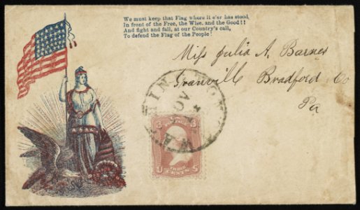 Civil War envelope showing Columbia holding American flag and cornucopia next to an eagle with a snake in its beak, and with a verse from a song LCCN2013648206