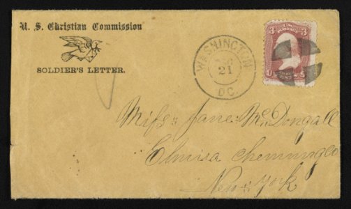 Civil War envelope for U.S. Christian Commission showing carrier pigeon with letter LCCN2011648564