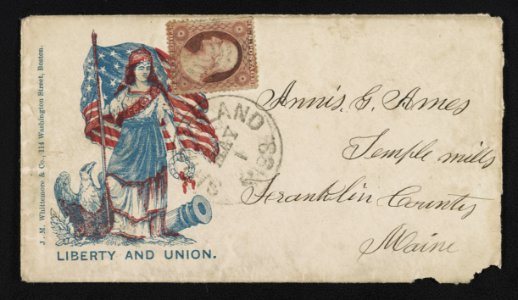 Civil War envelope showing Columbia with American flag, laurel wreath, eagle, and cannon with message Liberty and Union LCCN2011648575