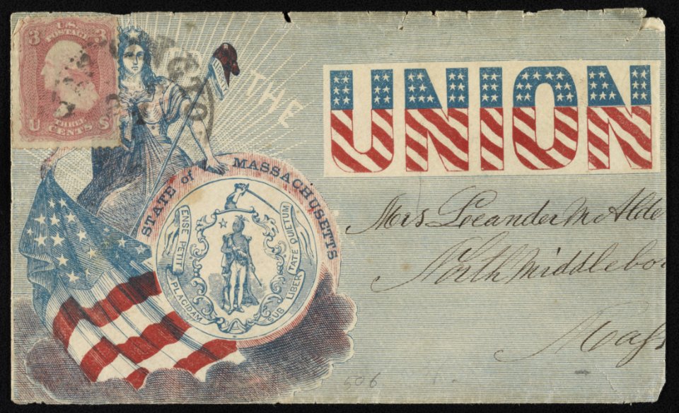 Civil War envelope showing Columbia with flag, Massachusetts state seal, and Phrygian cap bearing message Loyal to the Union LCCN2011648671