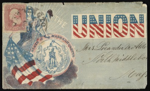 Civil War envelope showing Columbia with flag, Massachusetts state seal, and Phrygian cap bearing message Loyal to the Union LCCN2011648671