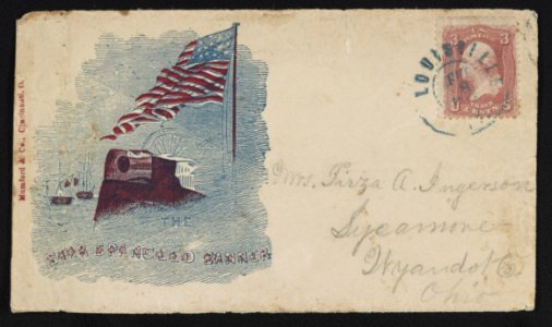 Civil War envelope showing American flag, cannon, and ships with message The Star Spangled Banner LCCN2011648578