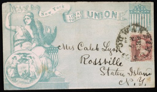 Civil War envelope showing Columbia, eagle, shield, state seal of New York, and banner with message New York loyal to the Union LCCN2013645707