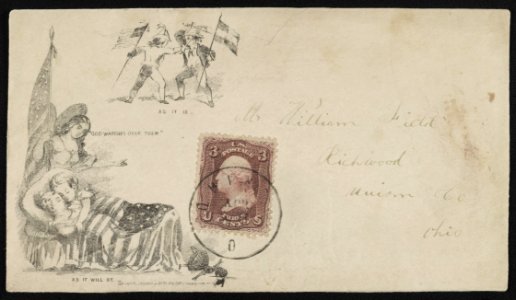 Civil War envelope showing angel holding American flag watching over sleeping children with broken doll on floor; also two boys sparring, one with Union flag and the other with Confederate LCCN2011648687