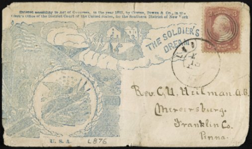 Civil War envelope showing eagle emblem in front of camp scene and homecoming scene with message The soldier's dream LCCN2011660258