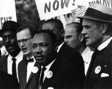 Civil Rights March on Washington, D.C. (Dr. Martin Luther King, Jr. and Mathew Ahmann in a crowd.) - NARA - 542015 - Restoration photo