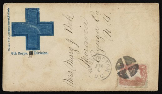 Civil War envelope showing Army of the Potomac, 6th Corps, 3rd Division, badge with blue cross LCCN2011655092