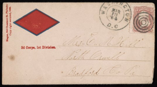 Civil War envelope showing Army of the Potomac, 3rd Corps, 1st Division, badge with red diamond shape LCCN2013645697