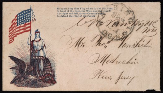 Civil War envelope showing Columbia with eagle, American flag, and cornucopia with lines from John Savage's poem, The starry flag LCCN2013645704