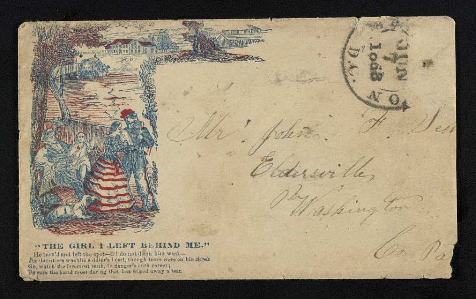 Civil War envelope showing soldier with woman in stars and stripes dress, man and woman, and dog with message The girl I left behind me and verse from song LCCN2011648592